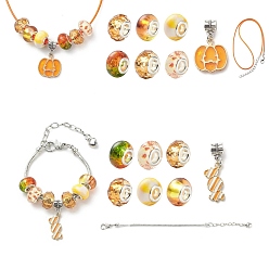 Orange Kit de fabrication de collier de bracelet européen bricolage pour enfant, y compris la fabrication d'un bracelet en chaîne en laiton et d'un collier en corde de cire, pendentif en alliage de style grand trou et perles de résine, orange, pendentif: 30~31 mm, Trou: 5mm, 16 pièces / kit