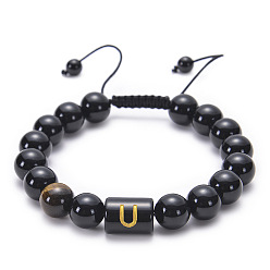 U Natural Black Agate Beaded Bracelet Adjustable Women's Handmade Alphabet Stone Strand Jewelry