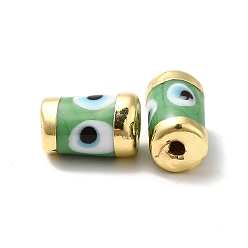 Light Green Handmade Evil Eye Lampwork Beads, with Light Gold Tone Brass Findings, Long-Lasting Plated, Lead Free and Cadimum Free, Column, Light Green, 14.5~15x9~9.5mm, Hole: 1.8mm