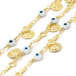 White Glass Flat Round with Enamel Evil Eye Beaded Chains, with Real 18K Gold Plated Brass Coin Charms Chains Link Chain, Lead Free & Cadmium Free, Soldered, with Spool, White, 19x6x3mm, 13x5x1mm