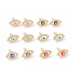 Mixed Color Enamel Horse Eye Stud Earrings with Clear Cubic Zirconia, Gold Plated Brass Jewelry for Women, Cadmium Free & Lead Free, Mixed Color, 8x14mm, Pin: 0.8mm