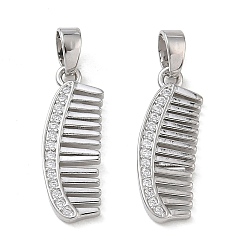 Platinum Brass Micro Pave Clear Cubic Zirconia Pendants, Comb Charms, Platinum, 20x7x1.5mm, Hole: 5x3mm