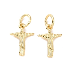 Real 18K Gold Plated Rack Plating Brass Charms, with Jump Ring, Cadmium Free & Lead Free, Long-Lasting Plated, Crucifix Cross, Real 18K Gold Plated, 11.5x8x1.5mm, Jump Ring: 5x1mm, Inner Diameter: 3mm