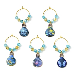 Mixed Color Alloy Printed Bulb Wine Glass Charms, with Glass Beads and Brass Wine Glass Charm Rings, Mixed Color, 59mm