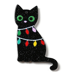 Black Christmas Acrylic Pendants, with Glitter Powder, Cat, Black, 40x23x2.5mm, Hole: 1.5mm