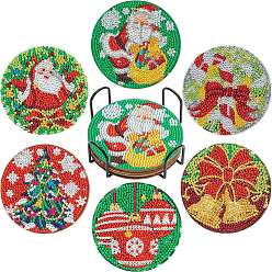 Colorful DIY Christmas Theme Diamond Painting Coaster Kits, Including Acrylic Cup Mat, Cork Mat, Iron Coaster Stand, Resin Rhinestones Bag, Diamond Sticky Pen, Tray Plate and Glue Clay, Colorful, 100mm, 6pcs/set
