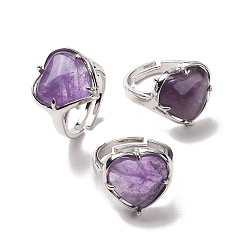 Аметист Регулируемое кольцо с сердцем из натурального аметиста, украшения из латуни для женщин, без свинца и без кадмия, платина, внутренний диаметр: 16.5~21 мм