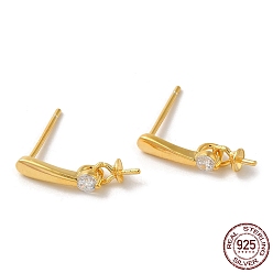 Real 18K Gold Plated 925 Sterling Silver Micro Pave Cubic Zirconia Stud Earring Findings, for Half Drilled Beads, Real 18K Gold Plated, 14x3mm, Pin: 0.9mm and 10.5x0.9mm
