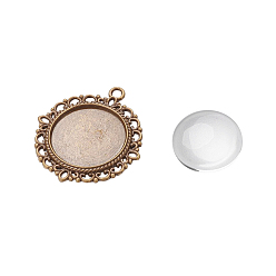 Antique Bronze Pendant Making Sets, with Alloy Pendant Cabochon Settings and Glass Cabochons, Flat Round, Lead Free, Antique Bronze, Tray: 20mm, 35x32x2mm, Hole: 2mm
