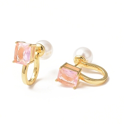 Pink Glass Rectangle Hoop Earrings with ABS Pearl Beaded, Golden Brass Jewelry for Women, Pink, 25.3x17.5x10mm, Pin: 1mm