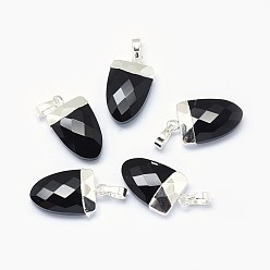 Black Agate Natural Black Agate Pendants, with Long-Lasting Plated Brass Findings, Faceted, Scabbard, Silver Color Plated, 18~19x11x5mm, Hole: 4x6mm
