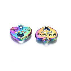 Rainbow Color Rack Plating Rainbow Color Alloy Pendant Rhinestone Settings, Cadmium Free & Nickel Free & Lead Free, Heart with Word Best Friend, Fit for 1.2mm rhinestone, 14.5x15x3mm, Hole: 1.8mm