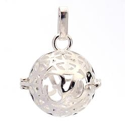 Silver Rack Plating Brass Cage Pendants, For Chime Ball Pendant Necklaces Making, Hollow Round with Om Symbol, Silver Color Plated, 25x24x20.5mm, Hole: 3x7mm, inner measure: 18mm