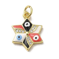 Red Brass Micro Pave Cubic Zirconia Pendants, with Enamel, with Jump Ring, Real 18K Gold Plated, Star with Evil Eye, Red, 17.5x13x3.4mm, Hole: 3.2mm