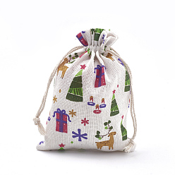 Colorful Polycotton(Polyester Cotton) Packing Pouches Drawstring Bags, with Printed Box and Christmas Tree, Colorful, 18x13cm