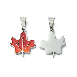 Stainless Steel Color 304 Stainless Steel Manual Polishing Pendants, with Enamel and 201 Stainless Steel Clasp, Maple Leaf Charms, Stainless Steel Color, 16x13x1.5mm, Hole: 3x5.5mm