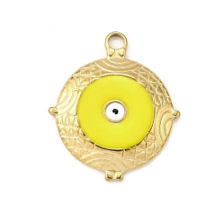 Желтый 304 подвески из нержавеющей стали, с эмалью, плоский круглый с оберегом от сглаза, ионное покрытие (ip), золотые, желтые, 23.5x20x3 мм, отверстие : 2 мм