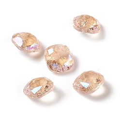Juicy Peach Crackle Moonlight Style Glass Rhinestone Cabochons, Pointed Back, Square, Juicy Peach, 8x8x4mm