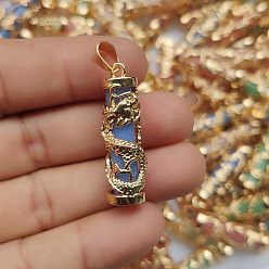 Blue Synthetic Luminous Stone Column Pendants, Golden Plated Alloy Dragon Wrapped Charms, Blue, 36x11mm
