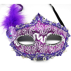 Violet Bleu Mascarade de plumes masques, masque de broderie scintillant, pour les accessoires de costumes de fête, bleu violet, 250x200mm