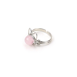Rose Quartz Natural Rose Quartz Adjustable Ring, Cat Shape Platinum Brass Wire Wraped Ring, Wide: 8mm