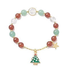 Colorful Natural Mixed Gemtone Beaded Stretch Bracelets with Alloy Enamel Christmas Tree Charms, Colorful, Inner Diameter: 2-1/4 inch(5.8cm)