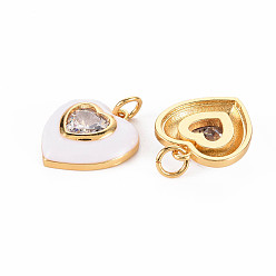 White Brass Enamel Pendants, with Clear Cubic Zirconia and Jump Ring, Nickel Free, Real 16K Gold Plated, Heart, White, 17.5x15.5x4.5mm, Hole: 3.5mm