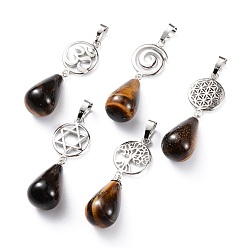 Tiger Eye Yoga Chakra Jewelry, Natural Tiger Eye Pendants, with Platinum Plated Brass Findings, Teardrop & Votex/Om Symbol/Tree of Life/Flower of Life/Star of David, 42~45mm, Hole: 8x5mm