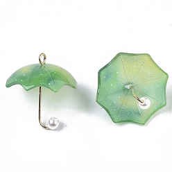 Green Acrylic Pendants, with Golden Plated Brass Loops and ABS Plastic Imitation Pearl, Umbrella, Green, 20~21x20x20mm, Hole: 1.6mm