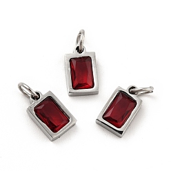 Dark Red 304 Stainless Steel Pendants, with Cubic Zirconia and Jump Rings, Single Stone Charms, Rectangle, Stainless Steel Color, Dark Red, 9.5x6x3mm, Hole: 3.6mm