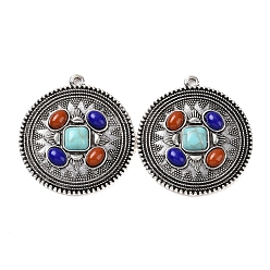 Antique Silver Synthetic Turquoise Dyed Pendants, Flat Round Charms, with Alloy Findings, Antique Silver, 41x38x4.5mm, Hole: 2.3mm