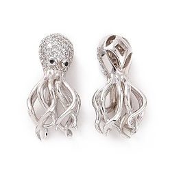 Platinum Eco-friendly Rack Plating Brass Micro Pave Cubic Zirconia Beads, Cadmium Free & Lead Free, Long-Lasting Plated, Octopus, Platinum, 24.5x12x8mm, Hole: 1.2mm