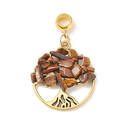 Tiger Eye Natural Tiger Eye European Dangle Charms, Large Hole Pendant, with Alloy Findings, Flat Round with Tree of Life, Antique Golden, 39mm, Pendant: 28.5x25x5~7mm, Hole: 4.5mm