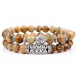 Picture Jasper 2Pcs 2 Style Natural Picture Jasper Stretch Bracelets Set with Alloy Buddha Head, Gemstone Jewelry for Women, 7~1/4~7-1/2 inch(18.5~19cm), 1Pc/style
