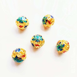 Flower Brass Enamel Beads, Round, Golden, Flower, 12mm