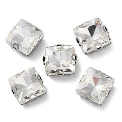 Прозрачный Шить на горный хрусталь, стекло горный хрусталь, с настройками латуни, аксессуары для одежды, граненые, квадратный, платина, прозрачные, 12.5x12.5x7.5 мм, отверстие : 0.8~1 мм