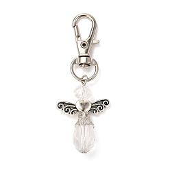 Clear Faceted Teardrop Glass Pendants, with Faceted Glass Beads, Alloy Heart Beads & Swivel Lobster Claw Clasps, Iron Pins & Bead Caps, Angel, Clear, 63mm, Pendant: 34x23.5x9.5mm