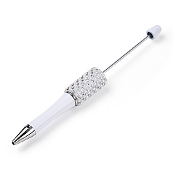 White Beadable Pen, Plastic Ball-Point Pen, with Iron Rod & Rhinestone & ABS Imitation Pearl, for DIY Personalized Pen with Jewelry Beads, White, 150x15mm