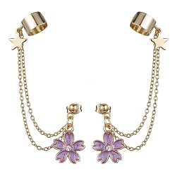 Medium Orchid Light Gold 304 Stainless Steel Cuff Earring Chains with Rhinestone, Star & Flower Alloy Enamel Dangle Stud Earrings Crawler Earrings, Medium Orchid, 78mm