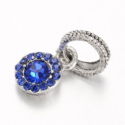 Sapphire Antique Silver Plated Alloy Rhinestone European Dangle Charms, Flat Round Large Hole Pendants, Sapphire, 19mm, Hole: 6mm
