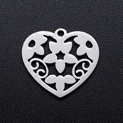 Stainless Steel Color 201 Stainless Steel Pendants, Heart with Flower, Stainless Steel Color, 15x16x1mm, Hole: 1.2mm