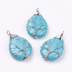 Synthetic Turquoise Synthetic Turquoise Big Pendants, teardrop, Brass Wire Wrapped Pendants, Platinum, 50~55x31x11mm, Hole: 5mm