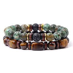 Mixed Color Men's Double-layered Tiger Eye Stone Beaded Bracelet Set - Natural Gemstone Jewelry, Mixed Color, size 2