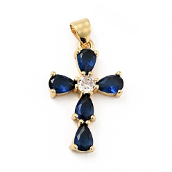 Prussian Blue Rack Plating Brass Micro Pave Cubic Zirconia Pendants, Long-Lasting Plated, Lead Free & Cadmium Free, Cross, Real 18K Gold Plated, Religion, Prussian Blue, 24.5x15.5x4mm, Hole: 3.5x4mm