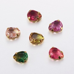 Mixed Color Sew on Rhinestone, Glass Rhinestone, with Golden Tone Brass Prong Settings, Garments Accessories, Faceted, Teardrop, Mixed Color, 8x6x5mm, Hole: 1mm