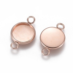 Rose Gold 201 Stainless Steel Cabochon Connector Settings, Plain Edge Bezel Cups, Flat Round, Rose Gold, Tray: 10mm, 19x12x2mm, Hole: 2mm