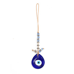 Royal Blue Teardrop with Evil Eye Glass Pendant Decorations, Hemp Rope Hanging Ornament, Royal Blue, 150mm