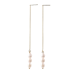 White Brass Ear Thread, Dangle Stud Earrings, with Natural Cultured Freshwater Pearl Beads, Golden, White, 110mm, Pin: 0.5mm