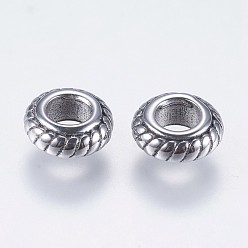 Antique Silver 304 Stainless Steel European Beads, Large Hole Beads, Rondelle, Antique Silver, 8.5x3.5mm, Hole: 4mm