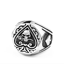 Antique Silver Titanium Steel Spades with Skull Signet Ring, Gothic Jewelry for Women, Antique Silver, US Size 7(17.3mm)